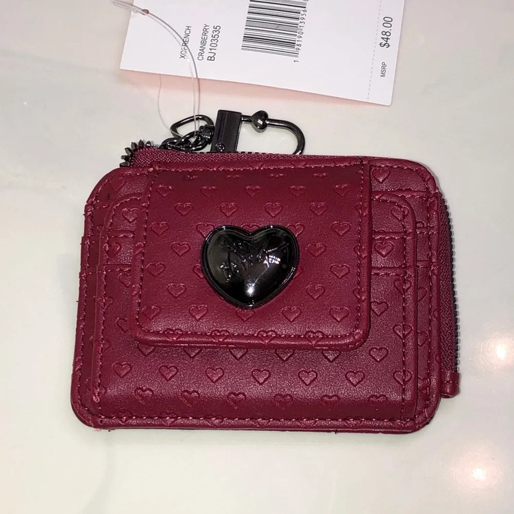 Betsey Johnson XOFRENCH L-Zip Cranberry Card Wallet Dainty Embossed Hearts NWT